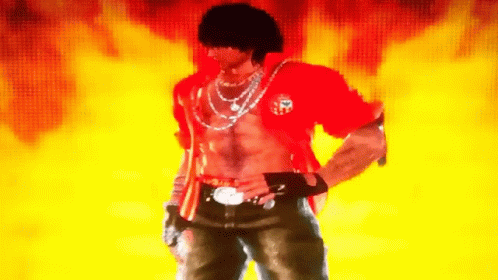 A Man In A Red Shirt Is Standing In Front Of A Yellow Background GIF