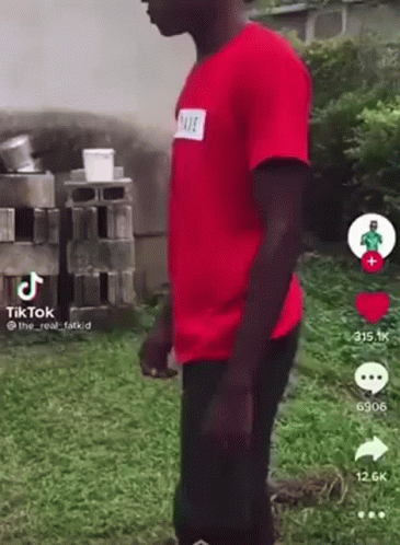 A Man In A Red Shirt Is Standing In The Grass In Front Of A Brick Wall . GIF