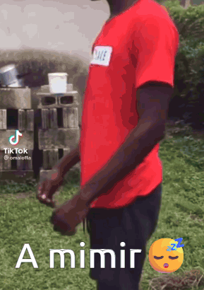 A Man In A Red Shirt Is Standing In The Grass With The Words A Mimir Written On The Bottom GIF