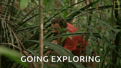 A Man In A Red Shirt Is Standing In The Jungle With The Words `` Going Exploring '' Written Above Him . GIF