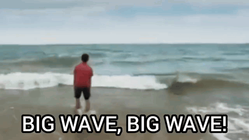 A Man In A Red Shirt Is Standing On A Beach Looking At The Ocean . GIF