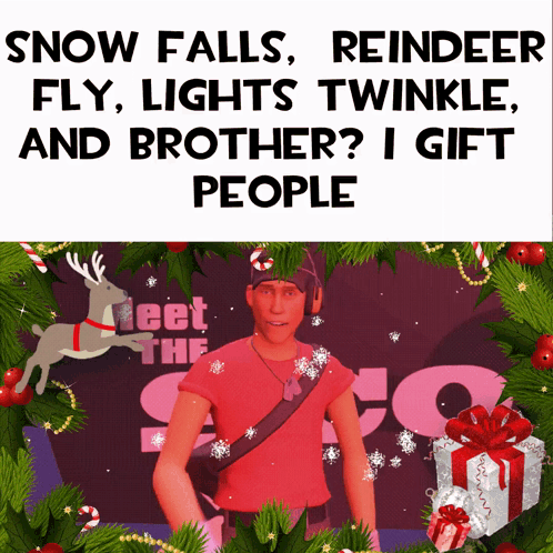 A Man In A Red Shirt Is Surrounded By Christmas Decorations With The Words Snow Falls Reindeer Fly Lights Twinkle And Br GIF