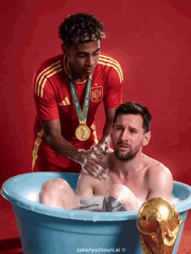 a man in a red shirt is washing another man in a blue tub