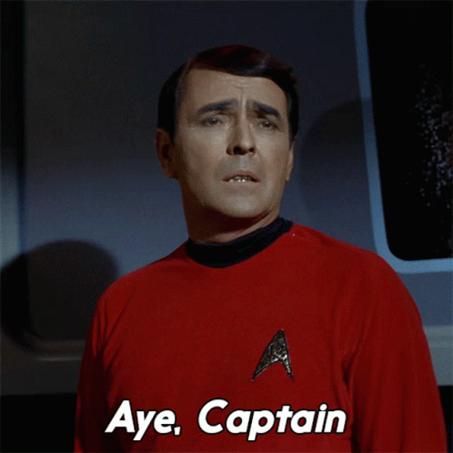 A Man In A Red Shirt Says Aye Captain In White Letters GIF
