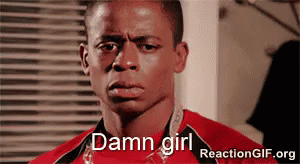 A Man In A Red Shirt Says " Damn Girl " In Front Of A Window GIF