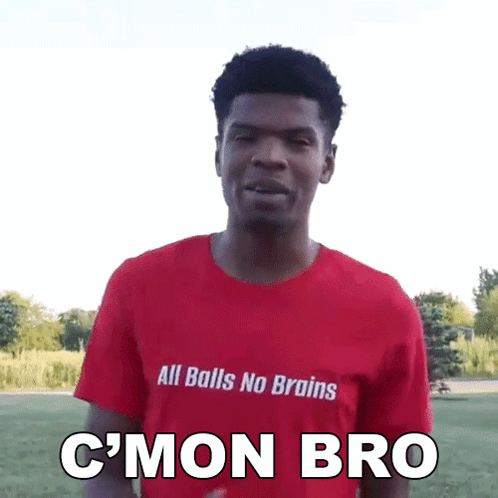 A Man In A Red Shirt That Says All Balls No Brains GIF