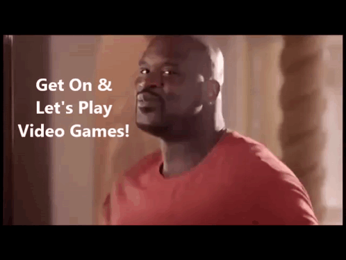 A Man In A Red Shirt With The Words Get On & Let 'S Play Video Games GIF