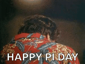 A Man In A Red Shirt With The Words Happy Pi Day On His Back GIF