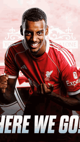 A Man In A Red Shirt With The Words Here We Go GIF
