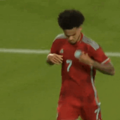 A Man In A Red Soccer Jersey With The Number 7 On It Is Standing On A Field . GIF