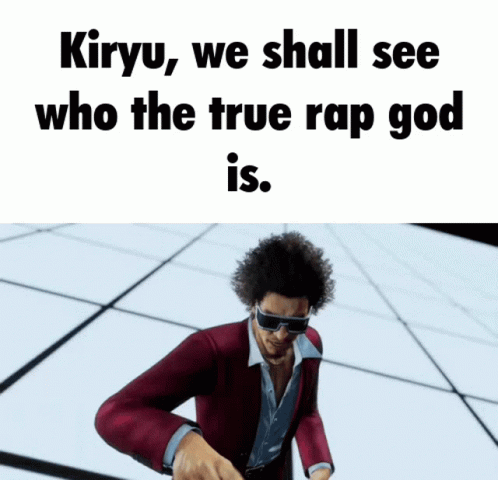 A Man In A Red Suit And Sunglasses Says Kiryu We Shall See Who The True Rap God Is .. GIF