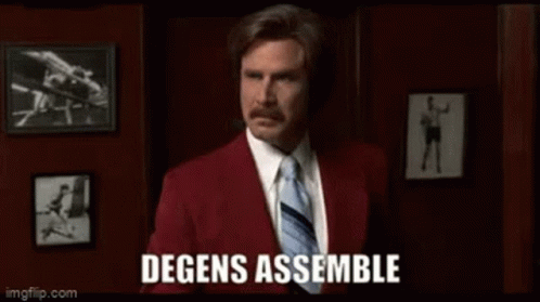 A Man In A Red Suit And Tie Is Holding A Piece Of Paper In His Hand And Says Degens Assemble . GIF