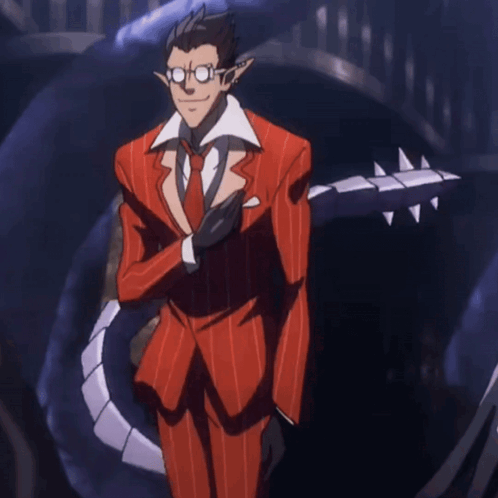A Man In A Red Suit And Tie Is Standing In Front Of A Snake GIF
