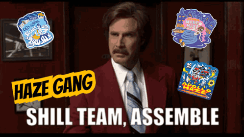 A Man In A Red Suit And Tie Is Surrounded By Stickers That Say Haze Gang GIF