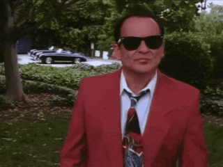 A Man In A Red Suit And Tie Is Wearing Sunglasses And A Red Jacket . GIF