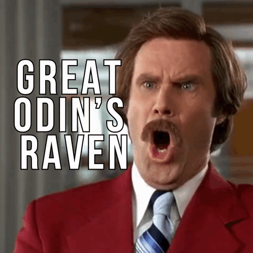 A Man In A Red Suit And Tie Says Great Odin 'S Raven In White Letters GIF