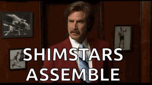 A Man In A Red Suit And Tie Says Shimstars Assemble In White Letters GIF