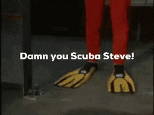 A Man In A Red Suit And Yellow Gloves Says Damn You Scuba Steve .. GIF