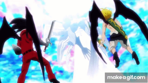 A Man In A Red Suit Is Holding A Sword And Fighting A Demon . GIF