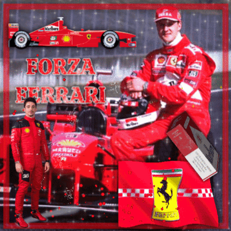 A Man In A Red Suit Is Sitting In Front Of A Ferrari GIF