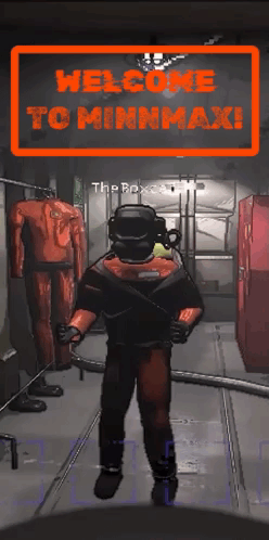 A Man In A Red Suit Is Standing In Front Of A Sign That Says " Welcome To Minmax " GIF