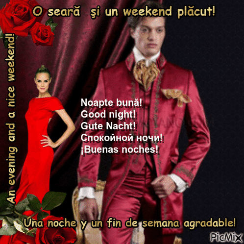 A Man In A Red Suit Stands Next To A Woman In A Red Dress And Roses GIF
