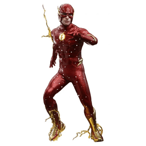 A Man In A Red Superhero Costume With A Lightning Bolt Coming Out Of His Chest GIF