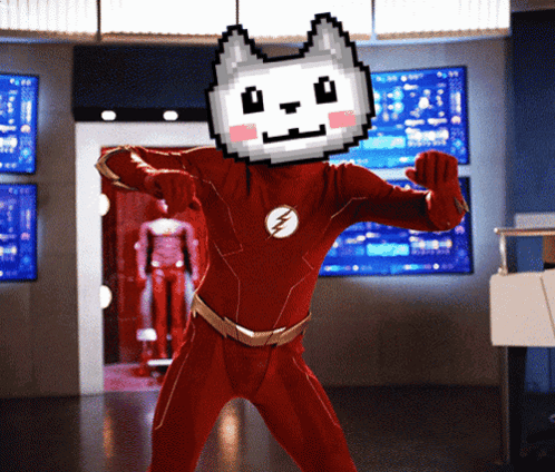 A Man In A Red Superhero Costume With A Pixelated Cat Head GIF