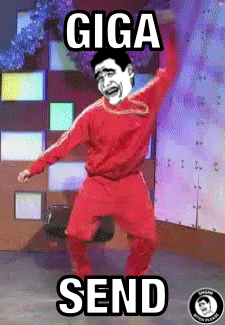 A Man In A Red Sweater Is Dancing With The Caption Giga Send GIF