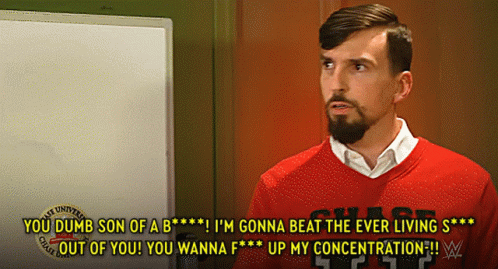 A Man In A Red Sweater Says " You Dumb Son Of A B " In Front Of A Whiteboard GIF