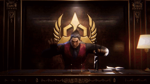 A Man In A Red Vest And Black Shirt Is Standing In Front Of A Gold Laurel Wreath GIF