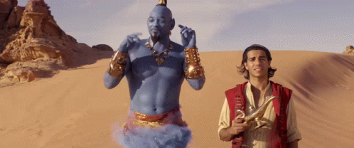 A Man In A Red Vest Is Standing Next To A Blue Genie GIF