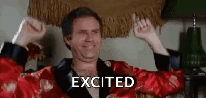 A Man In A Robe Is Sitting In A Chair With His Arms In The Air And Smiling . GIF