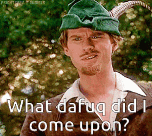A Man In A Robin Hood Costume Is Asking " What Dafug Did I Come Upon " GIF