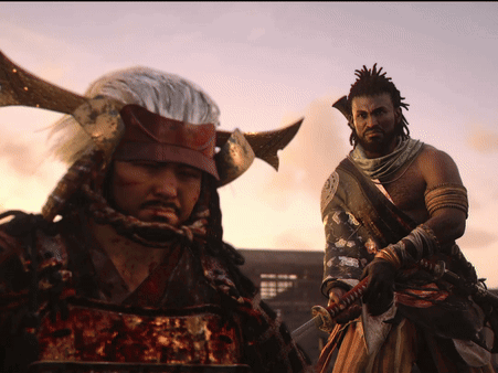A Man In A Samurai Costume Holds A Sword Next To Another Man GIF