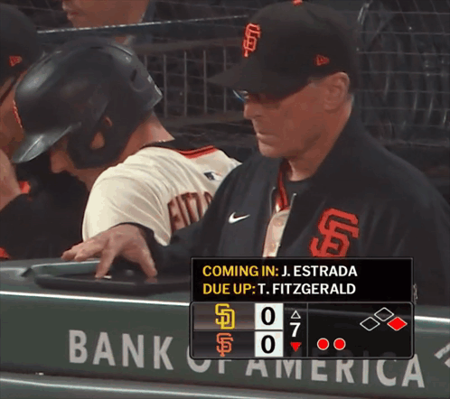 A Man In A San Francisco Giants Baseball Uniform Is Standing In The Dugout GIF