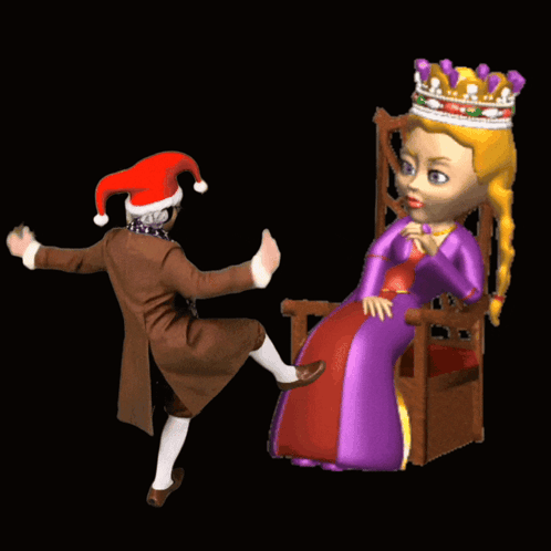 A Man In A Santa Hat Is Dancing Next To A Woman In A Purple Dress And Crown GIF