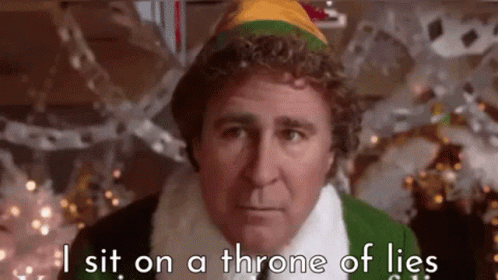 A Man In A Santa Hat Is Sitting On A Throne Of Lies In Front Of A Christmas Tree . GIF