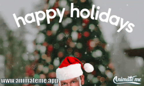 A Man In A Santa Hat Stands In Front Of A Christmas Tree GIF