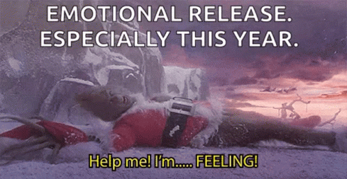 A Man In A Santa Suit Is Laying In The Snow With The Words " Emotional Release Especially This Year Help Me I 'M Feeling GIF