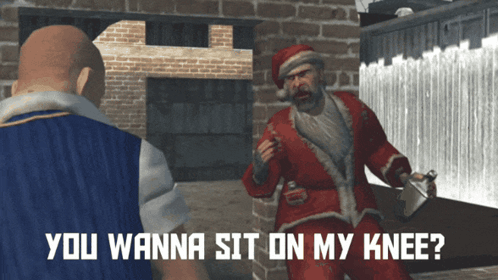 A Man In A Santa Suit Says You Wanna Sit On My Knee In A Video Game GIF