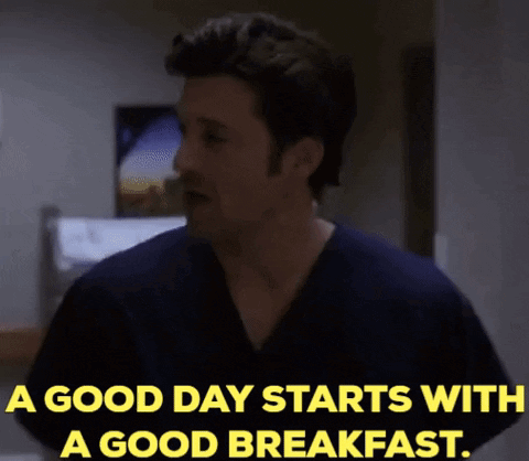 A Man In A Scrub Top Says " A Good Day Starts With A Good Breakfast . " GIF