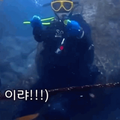 A Man In A Scuba Suit Is Holding A Spear In The Water And Says Hello GIF