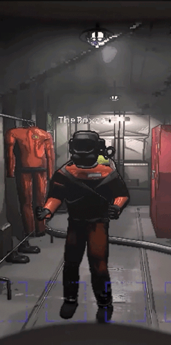A Man In A Scuba Suit Is Standing In A Dark Room With The Name The Bpx On The Bottom Right GIF
