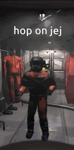 A Man In A Scuba Suit Is Standing In A Dark Room With The Words Hop On Jej Written Above Him GIF
