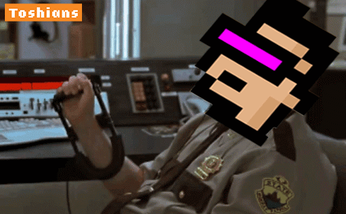 A Man In A Sheriff 'S Uniform Is Holding A Microphone In Front Of A Screen That Says Toshians GIF