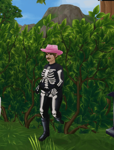 A Man In A Skeleton Costume And A Pink Hat GIF