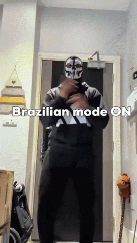 a man in a skull mask is standing in front of a door with the words brazilian mode on written below him