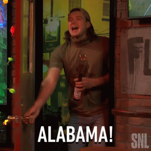 A Man In A Snl Shirt Is Holding A Beer And Saying " Alabama " GIF