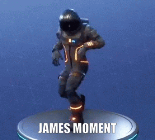 A Man In A Space Suit Is Dancing On A Pedestal With The Words `` James Moment '' Written On It . GIF